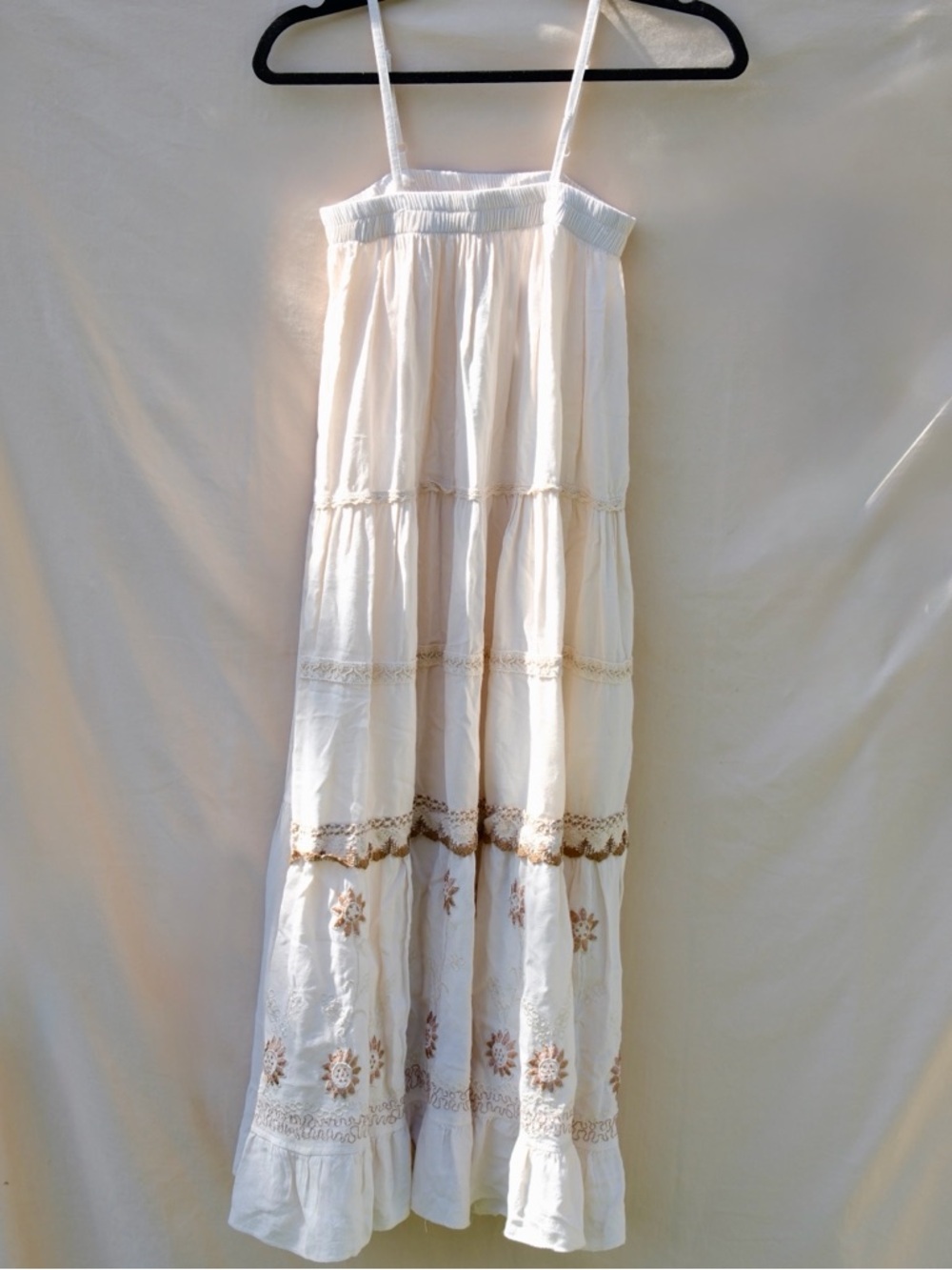 Boho Cream Maxi Skirt / Midi Dress with Embroidered Accents